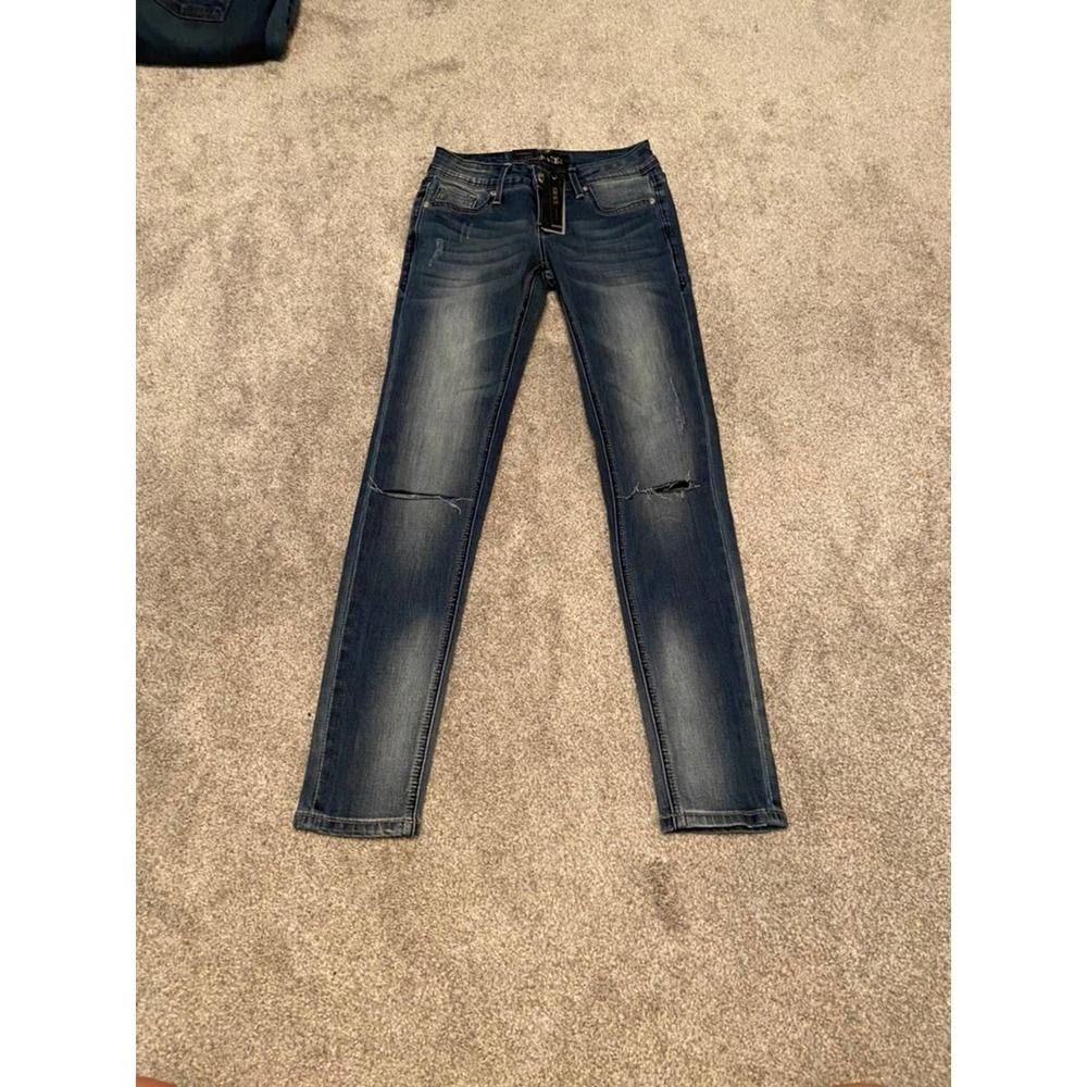 Grace in LA‎ Womens Distressed Skinny Jeans Dark Wash Ripped Knee Size 25 NWT